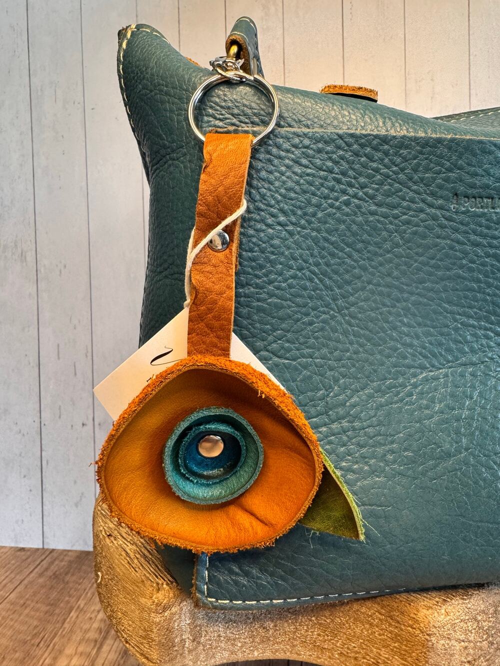 Genuine Leather Purse Charm Brown Light Blue Navy Keychain Accessory